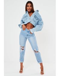 Missguided Jean mom bleu taille haute déchiré retroussé