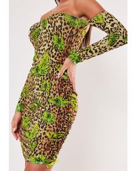 Missguided Leopard Print Butterfly Mix Bardot Mini Dress - Green