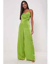 Missguided Green Hammered Satin Drape Wrap Romper