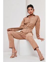 Missguided Sand Faux Suede Utility Jumpsuit - Natural