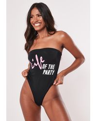 Missguided High Leg Bandeau Graphic Swimsuit - Black