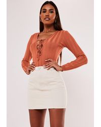 Missguided Rib Lace Up Front Bodysuit - Orange