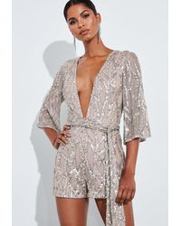 Missguided Gold Sequin Kimono Plunge Playsuit - Metallic