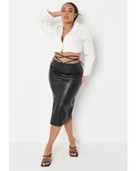 Missguided Plus Size Black Faux Leather Croc Tie Waist Midi Skirt