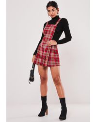 Missguided Red Check Pinafore Playsuit