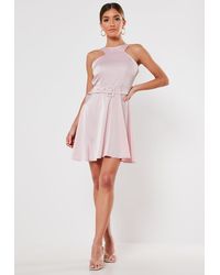 Missguided Lilac Satin High Neck Belted Skater Dress - Purple