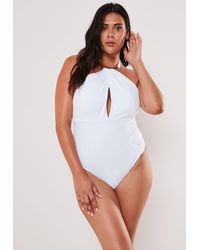 Missguided Plus Size White Halterneck Plunge Swimsuit