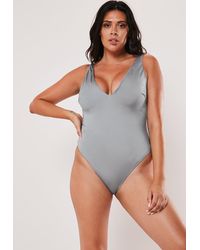 Missguided Plus Size Metallic Silver Plunge High Leg Swimsuit