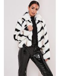 Missguided Monochrome Chevron Faux Fur Coat - White