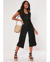 Missguided Tall Black Ribbed V Front Culotte Romper