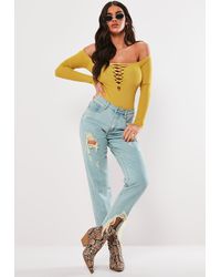 Missguided Mustard Lace Up Bardot Bodysuit - Multicolor