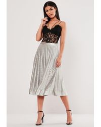 Missguided Silver Velvet Pleated Midi Skirt - Metallic