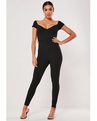 Missguided Black Bardot Belted Unitard Romper