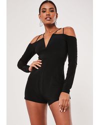 Missguided Strappy Slinky Off Shoulder Playsuit - Black