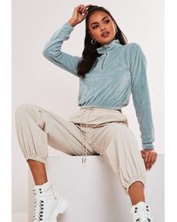 Missguided Velour Zip High Neck Cropped Sweatshirt - Blue