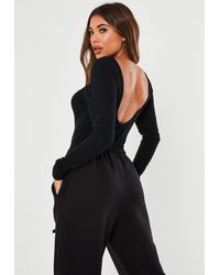 Missguided Crinkle Rib Low Scoop Back Long Sleeve Bodysuit - Black