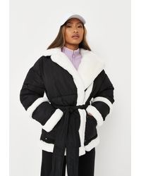 Missguided Faux Fur Belted Puffer Coat - Black