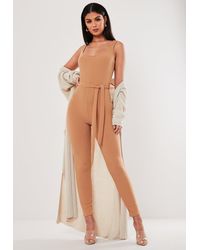 Missguided Camel Jersey Ribbed Scoop Neck Belted Unitard Jumpsuit - Natural