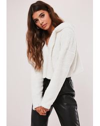 Missguided Cream Borg Teddy V Front Cropped Hoodie - Multicolour