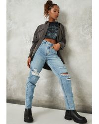 Missguided Jean Mom Bleu Délavé à Déchirures et Effet Vieilli Tall
