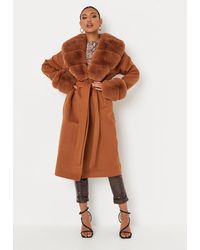 Missguided Faux Fur Trim Belted Longline Coat - Brown