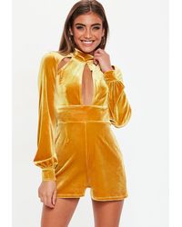 Missguided Mustard Velvet Cut Out Romper - Yellow