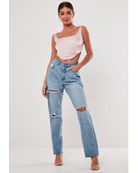 Missguided Jeans bleu clair taille haute déchiré Stassie x