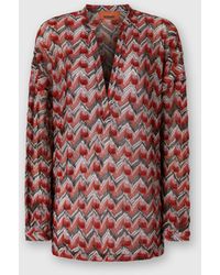 Missoni - Blusa Oversize Con Collo Alla Coreana E Scollo A V, Donna, Nero & Rosso, Taglia - Lyst
