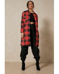 MissPap Longline Checked Pocket Detail Shacket - Red