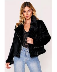 MissPap Oversized Aviator Faux Fur Shearling Coat - Black