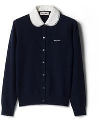 Miu Miu - Cashmere Cardigan With Embroidered Poplin Collar - Lyst