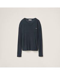 Miu Miu - Long-sleeved Garment-dyed Ribbed Knit Jersey T-shirt - Lyst