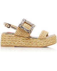 Roger Vivier - Crystal-Buckle Raffia Platform Sandals - Lyst