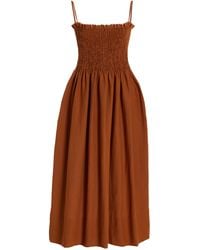 Three Graces London Lena Shirred Linen Midi Dress - Brown