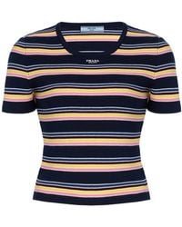 Prada - Striped Ribbed-Cotton T-Shirt - Lyst