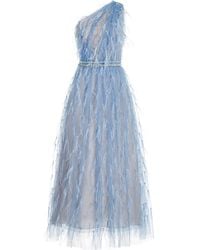 Marchesa - Feather-embroidered Tulle One-shoulder Midi Dress - Lyst