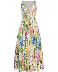 Oscar de la Renta - Foxglove-Printed Pleated Cotton-Poplin Midi Dress - Lyst