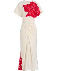 Victoria Beckham - Rose-Print Satin Midi Dress - Lyst