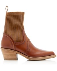 Chloé - Nellie Knit-trimmed Leather Ankle Western Boots - Lyst