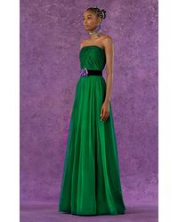Andrew Gn Pleated Strapless Silk Gown - Green