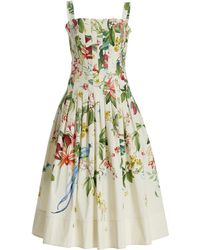 Oscar de la Renta - Floral & Fauna Pleated Cotton Midi Dress - Lyst