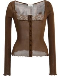 Saint Laurent - Lace-trimmed Ribbed Silk Jersey Top - Lyst