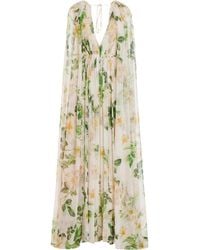 Monique Lhuillier - Printed Chiffon Silk Gown With Cape - Lyst