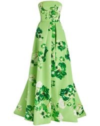 Monique Lhuillier Floral Crepe Strapless Gown - Green