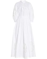 Oscar de la Renta - Embroidered Pleated Cotton Poplin Maxi Dress - Lyst