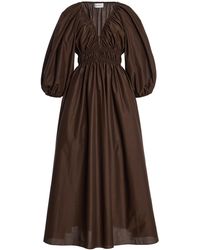 Matteau - Shirred Cotton Plunge Button Midi Dress - Lyst