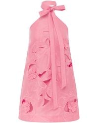 LEO LIN - Lola Floral-Appliqued Linen-Blend Halter Mini Dress - Lyst