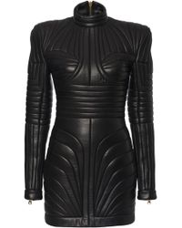 Balmain Strong Shoulder Quilted Leather Dress - Black