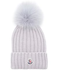 Moncler Berretto Fur-trimmed Ribbed-knit Wool Beanie - Grey
