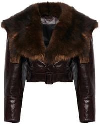 Chloé - Cropped Belted Shearling-Trimmed Glossed-Leather Jacket - Lyst